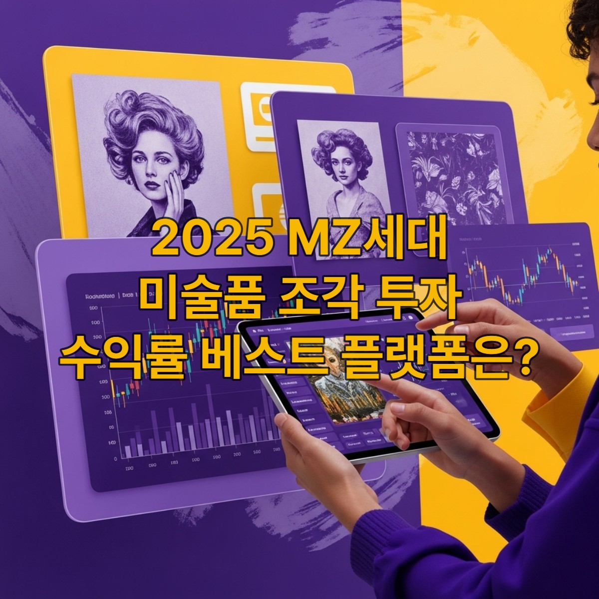 2025년 MZ세대가 태블릿으로 미술품 조각 투자 플랫폼을 탐색하며 수익률을 분석하는 현대적인 모습. 보라색과 노란색이 조화를 이룬 배경에서 예술과 기술, 금융의 융합을 상징합니다.