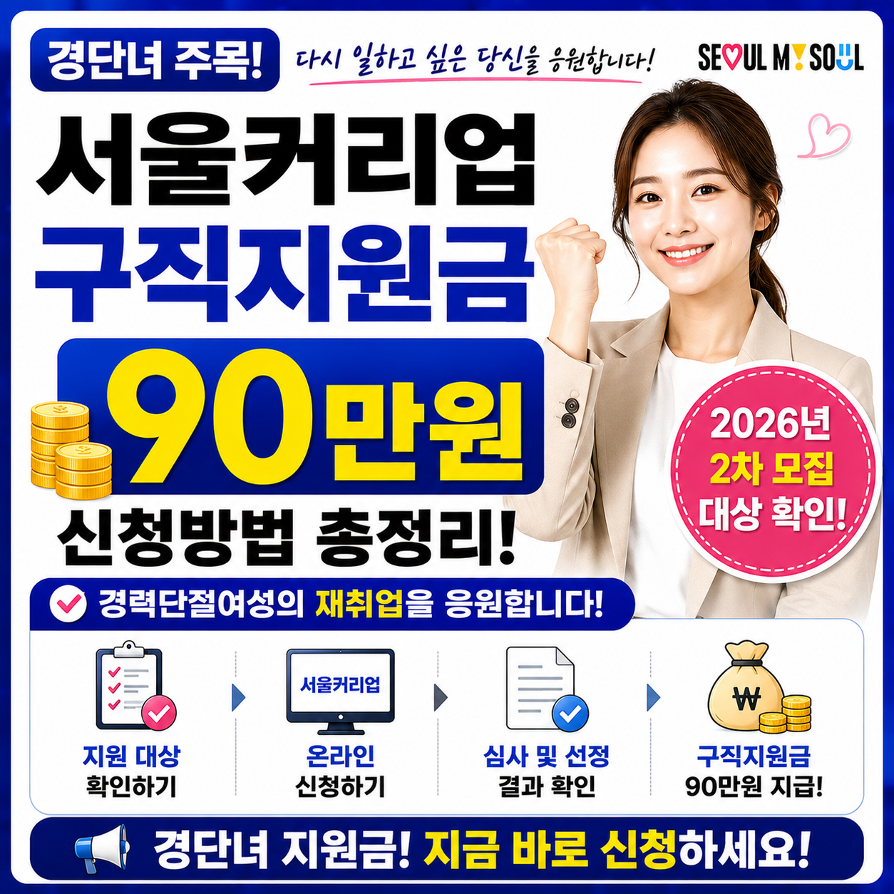경단녀 지원금, 서울커리업 구직지원금 90만원 신청방법 (2026년 2차 대상 확인)