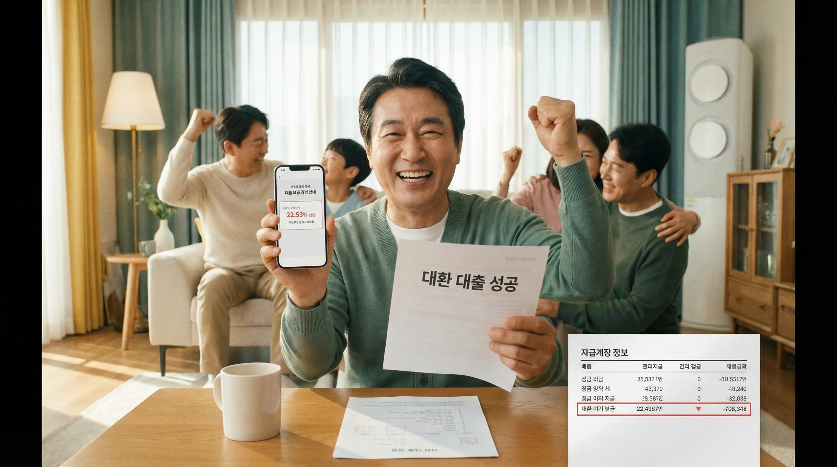 금리 인하 요구권을 행사하고 대환 대출에 성공하여 이자를 절약하고 기뻐하는 대출자의 모습