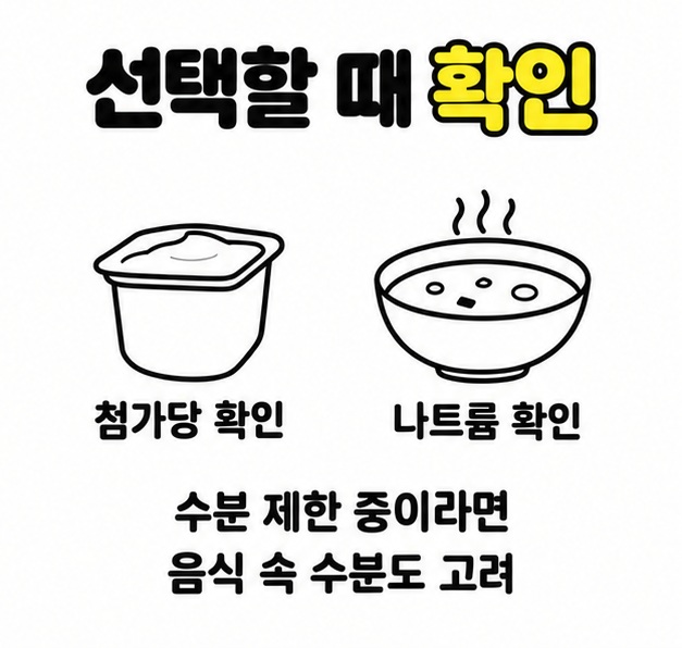 요구르트와 국의 첨가당과 나트륨을 확인하고 수분 제한 중에는 음식 속 수분도 고려하도록 안내한 이미지