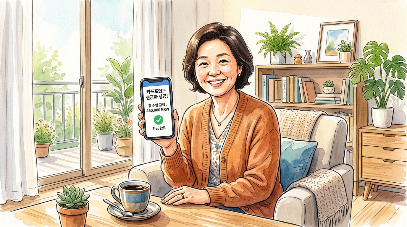 카드포인트 통합조회 서비스를 이용하여 흩어진 포인트를 한번을 조회하고 즉시 현금화 하여 기뻐하는 모습.