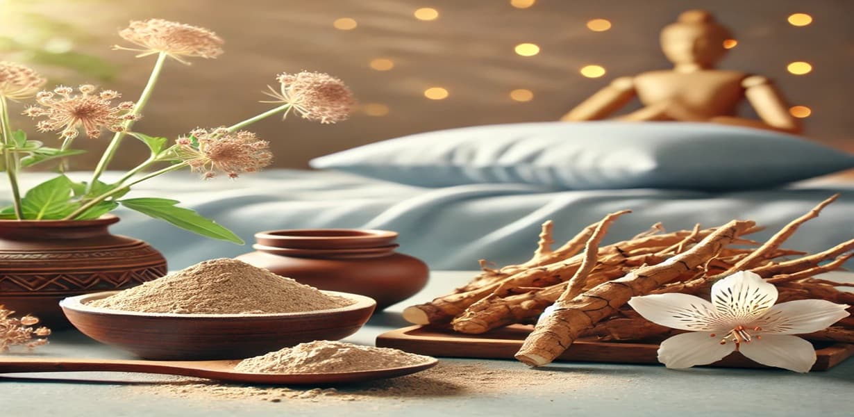 아슈와간다 뿌리와 가루가 편안한 배경에서 스트레스 완화와 수면 개선을 나타내는 이미지입니다.