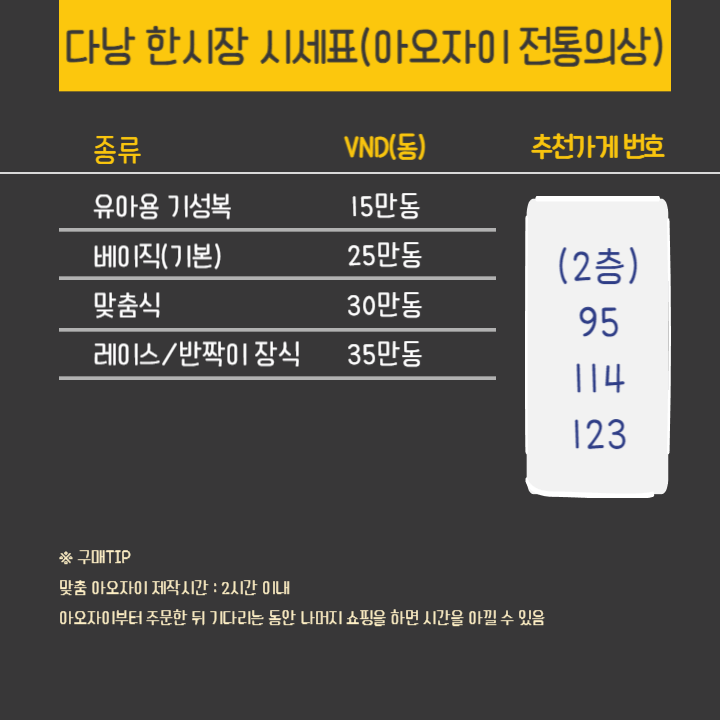 다낭 한시장 시세표 아오자이