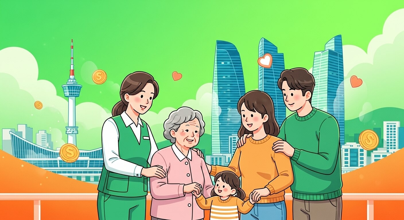 한가족이 밝게 웃고 있는 삽화