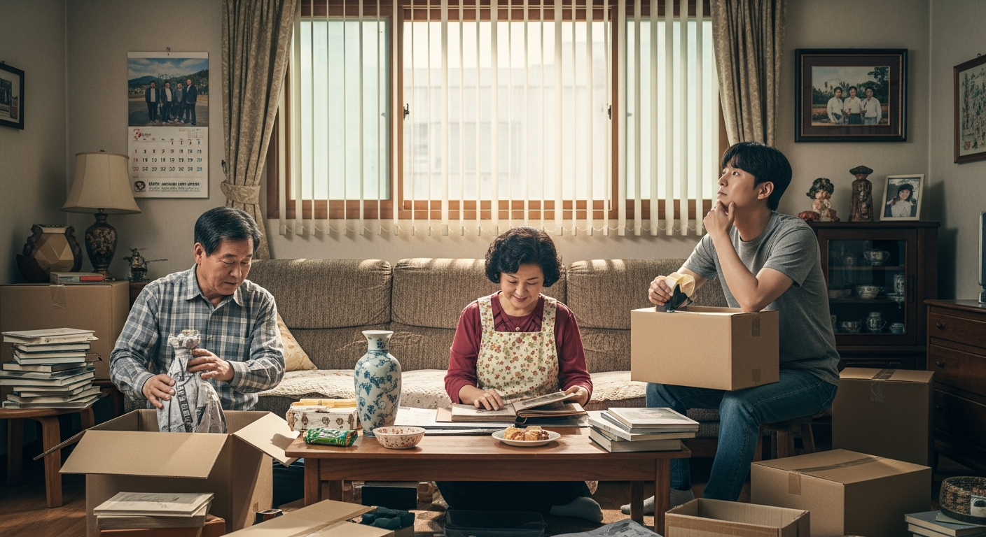 1990년대 스타일의 아파트 거실에서 60대 부모님과 30대 아들이 이삿짐을 싸며 과거의 집에 대한 향수와 새집에 대한 기대를 동시에 느끼는 모습.
