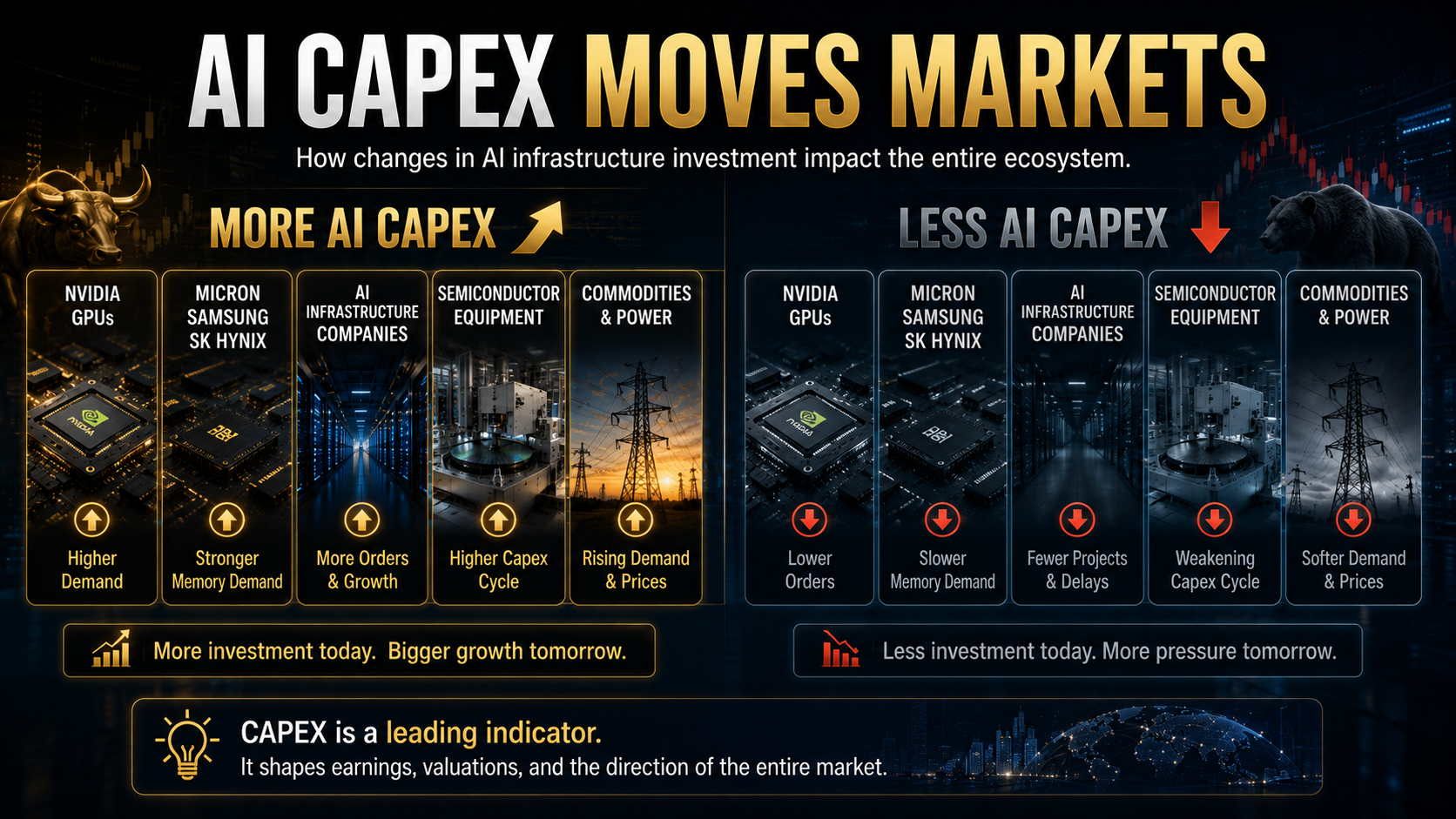 Comparison of increasing versus decreasing AI CAPEX and its impact on semiconductor demand, AI infrastructure, and technology stocks.
