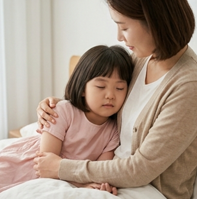 잠들기 전 엄마 품에 안겨 편안한 표정의 아이