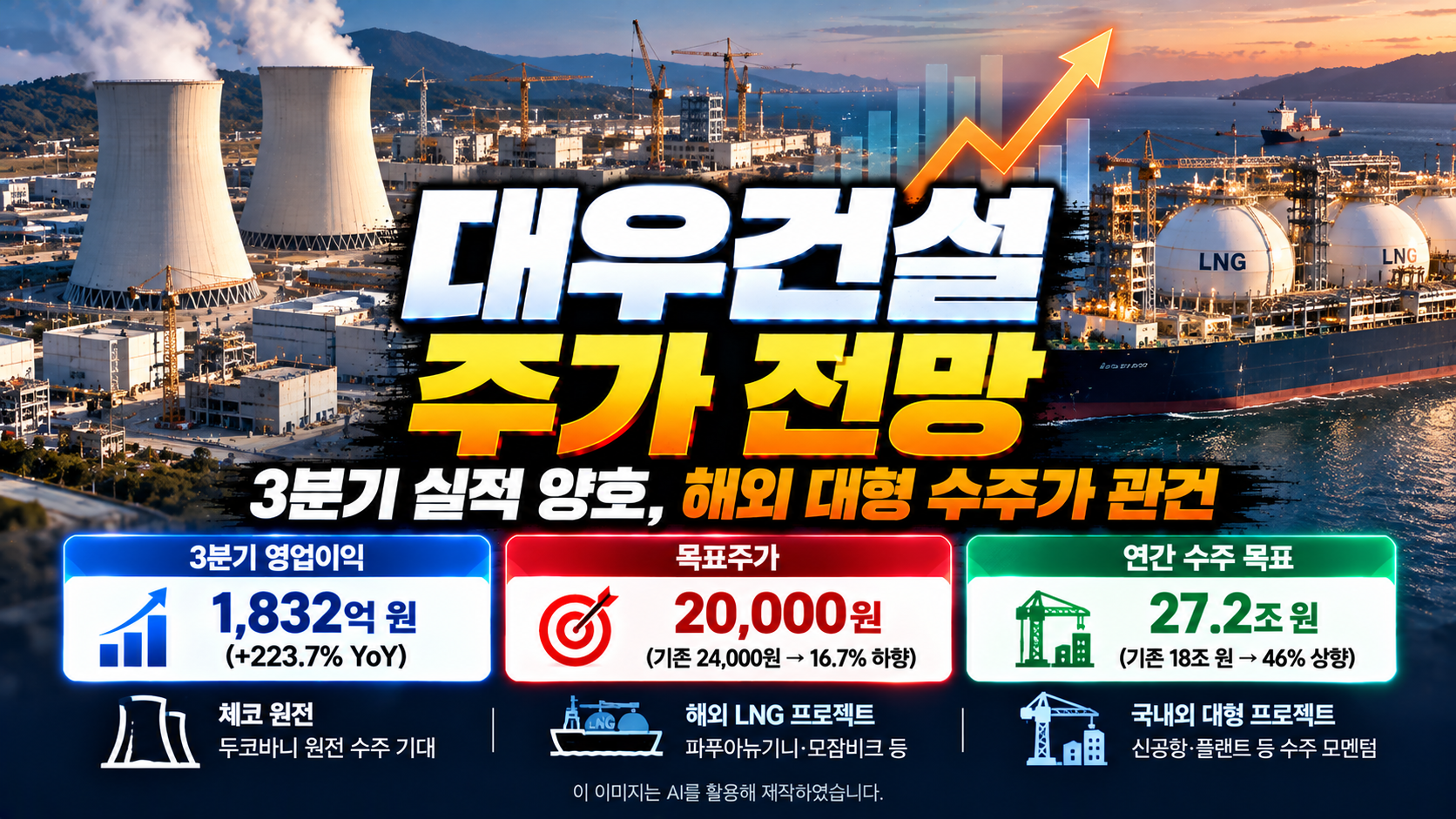 대우건설(047040) 주가 전망 및 기업분석, 2026년 3분기 영업이익 1,832억 원으로 전년 대비 223.7% 증가, 미래에셋증권 목표주가 20,000원 하향, 체코 원전과 해외 LNG 프로젝트 수주 전망