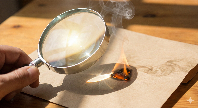 돋보기로 햇빛을 한 점에 모아 종이를 태우는 이미지