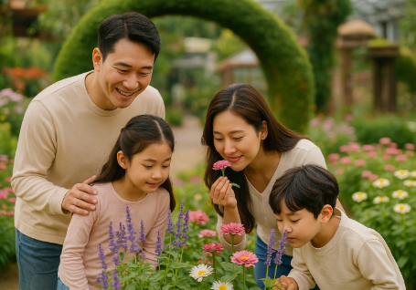 포천 허브아일랜드에서 꽃 향기를 맡고 있는 가족 모습