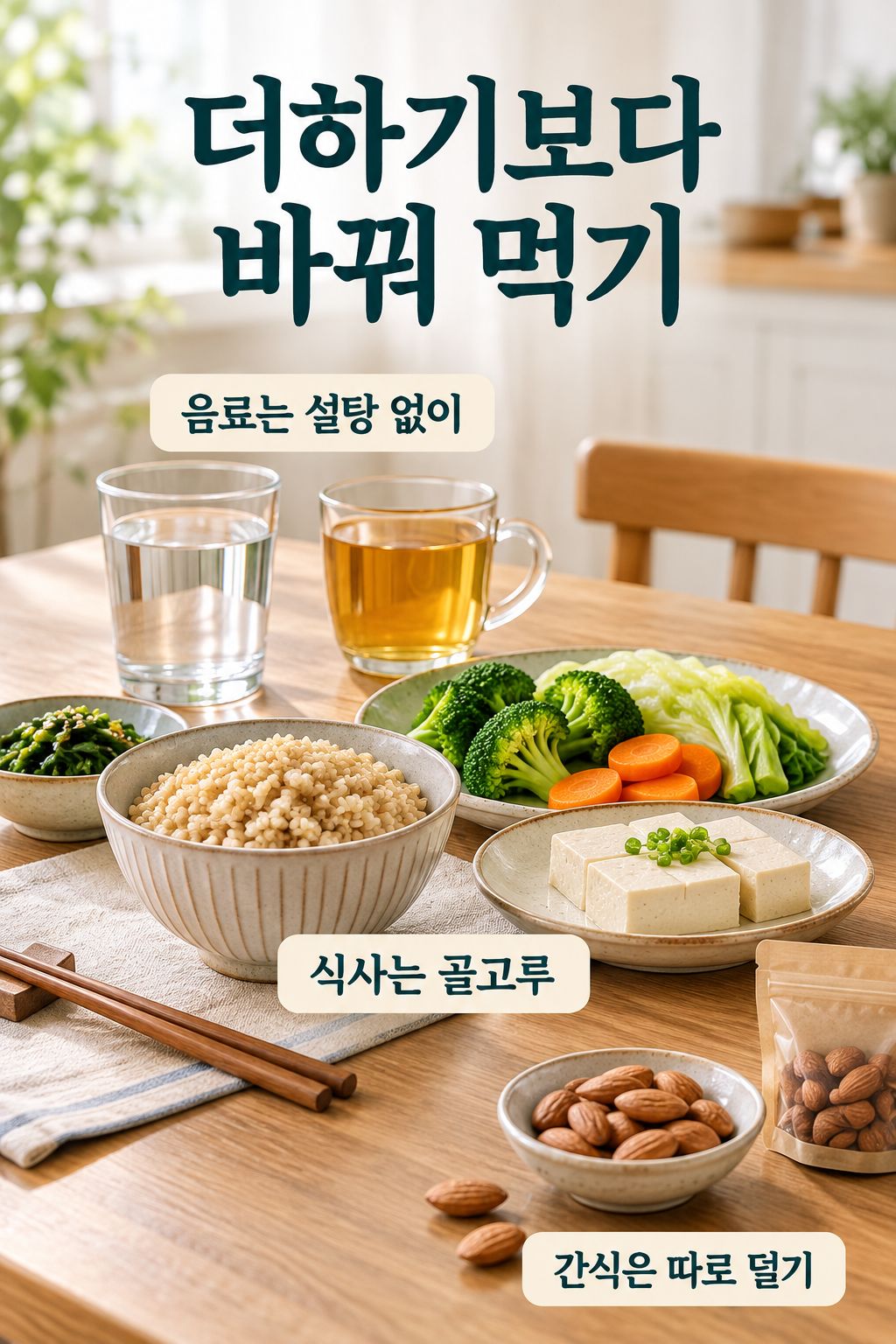 물&middot;주식&middot;단백질반찬&middot;덜어 놓은 간식으로 식사 교체 기준을 묶은 장면