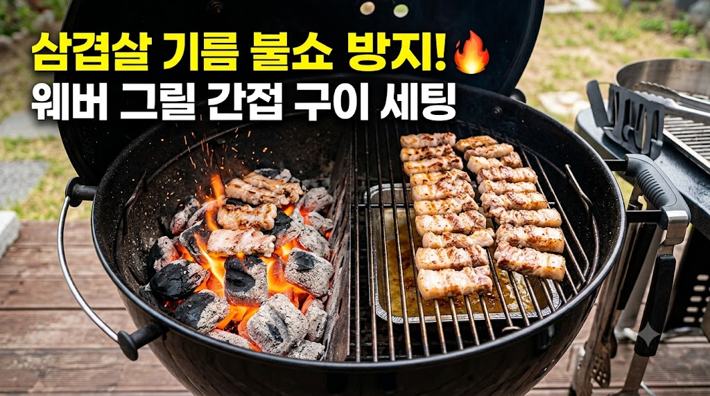 웨버 그릴 내부에 숯을 한쪽으로 몰아넣고 직화와 간접 구역을 명확히 분리해 삼겹살 기름 불쇼를 방지한 모습