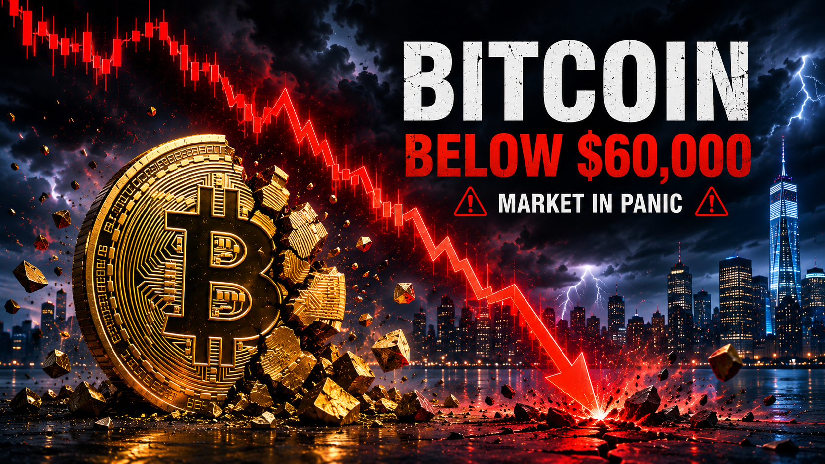 Broken Bitcoin beneath a falling market chart as Bitcoin drops below $60,000, representing crypto market panic and investor fear.