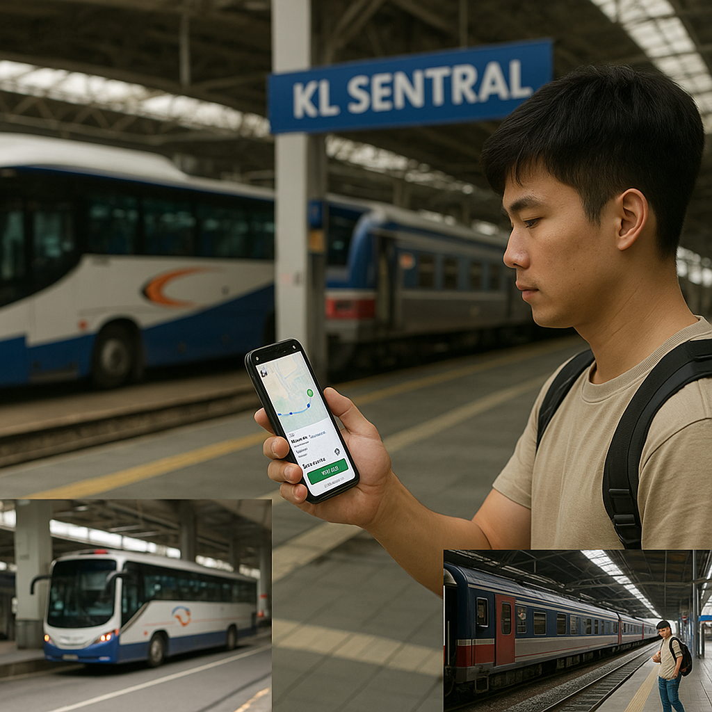 KL 센트럴 역 플랫폼에서 스마트폰으로 그랩을 호출하며 이동 경로를 확인하는 젊은 여행자의 모습