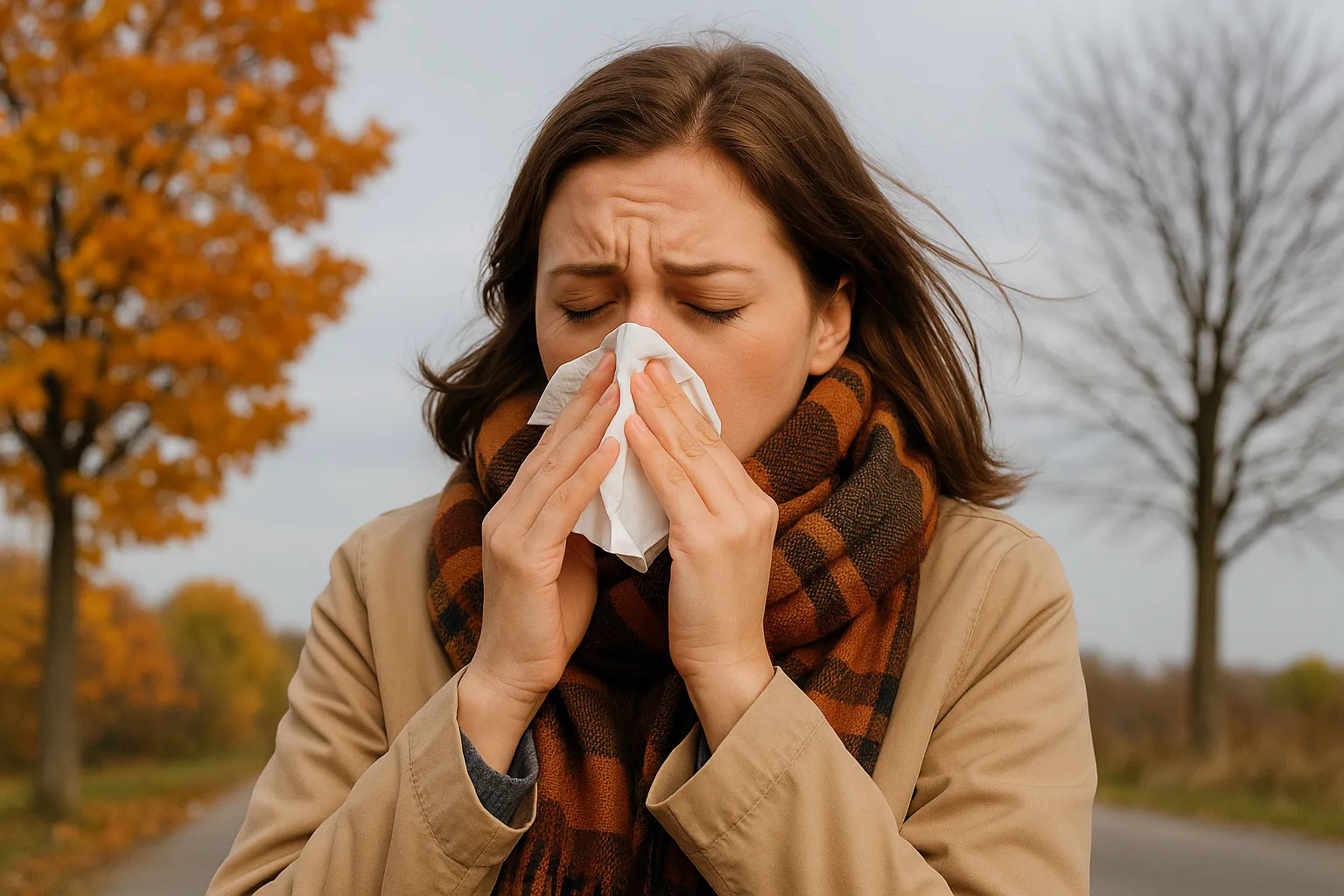 환절기-야외에서-코를-푼-여성의-모습-기온-변화와-면역력-저하로-감기-환자가-늘어나는-원리를-표현한-장면