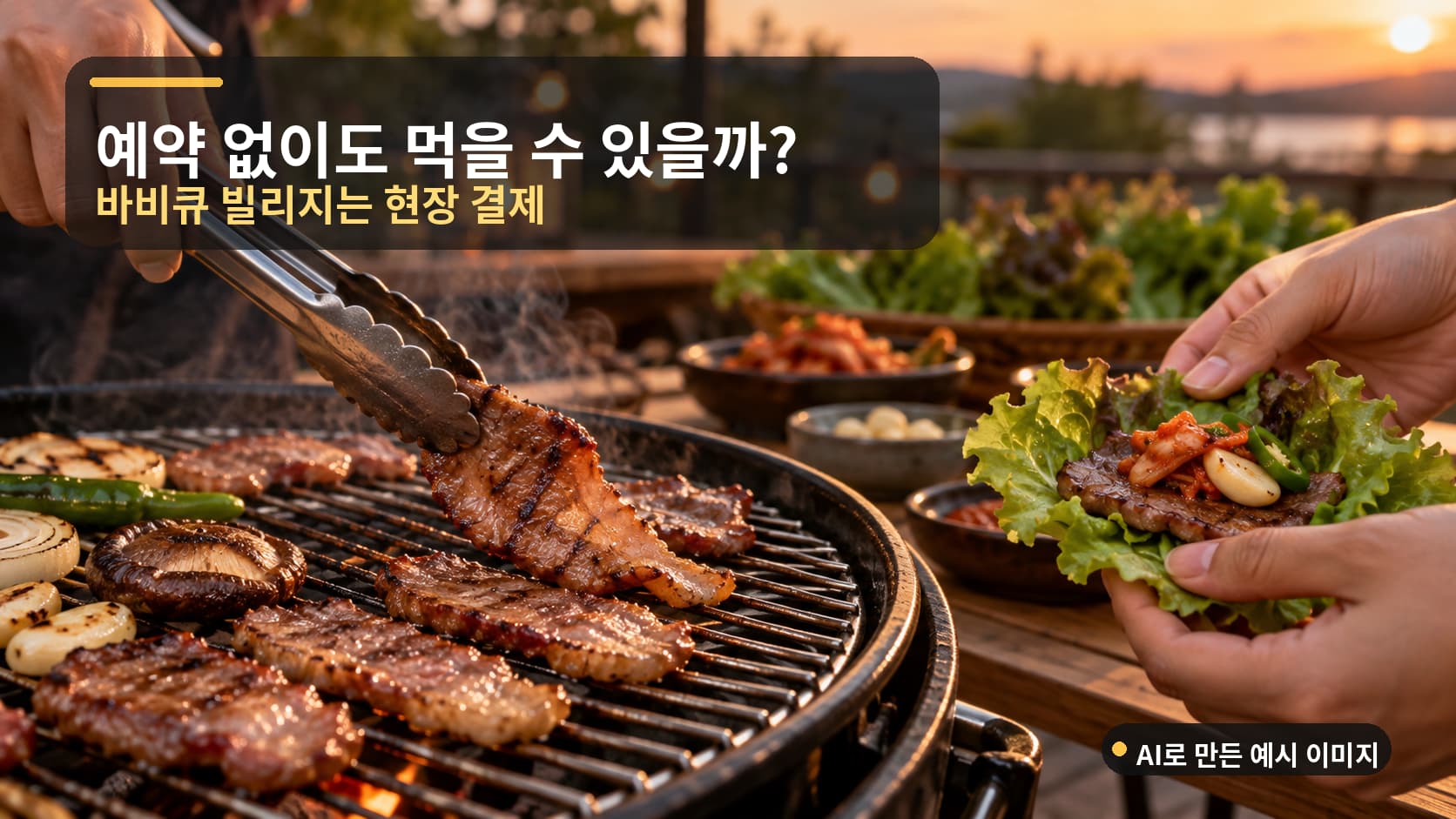 집게로 고기를 뒤집고 쌈을 싸는 손