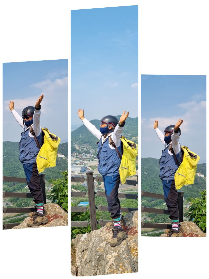 정상 바위 위에 서서 두 팔 벌려 찍은 본인의 인증샷