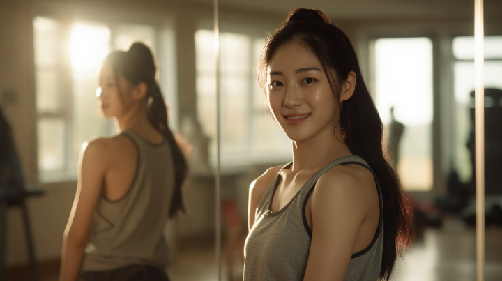 운동을 마치고 만족스러운 표정으로 거울을 보는 여성. 얼굴에는 약간의 땀방울이 맺혀있다.