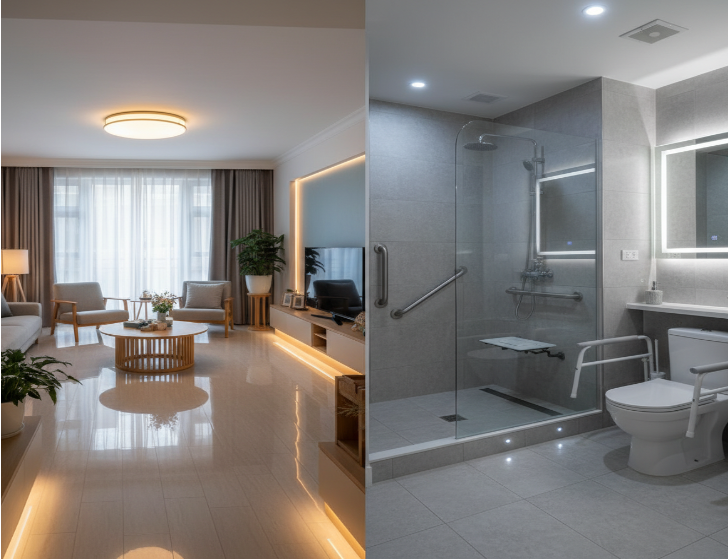 부모님이 안전하게 이동할 수 있도록 장애물 없이 정리된 거실 환경 이미지