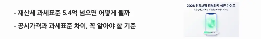 건강보험 피부양자 자격조건: '재산세 과세표준 5.4억 넘으면 어떻게 될까'와 '공시가격과 과세표준 차이, 꼭 알아야 할 기준'이라는 문구가 포함된 웹배너 이미지. 이 이미지는 피부양자 재산요건의 3단계 구조와 공시가격 환산 기준을 시각적으로 전달하며, 블로그의 건강보험 피부양자 재산요건과 관련된 내용을 설명함