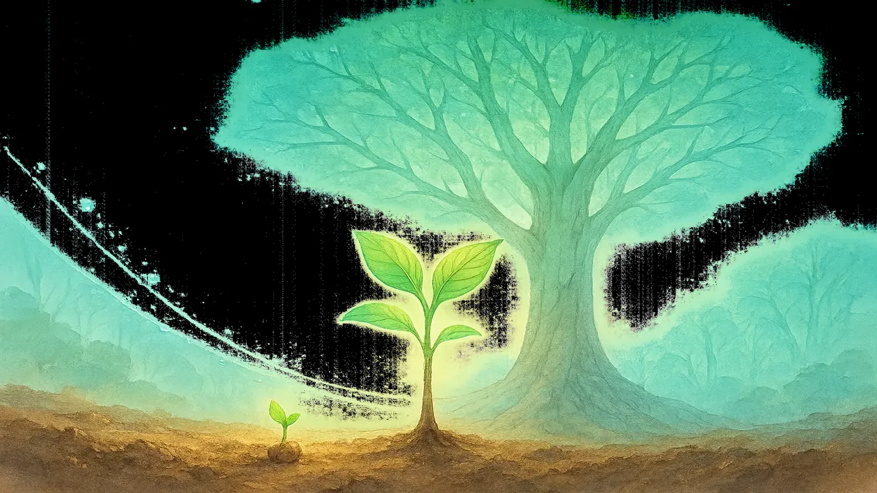 작은 씨앗에서 시작하여 꾸준한 물과 햇빛을 받아 거대한 나무로 자라나는 과정을 보여주는 타임랩스 이미지