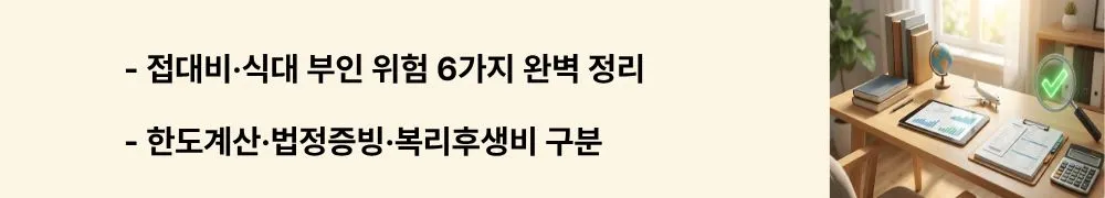 접대비·식대 부인 위험 6가지 완벽 정리라는 문구가 포함된 웹배너 이미지. 이 이미지는 개인사업자 식대, 접대비 한도, 선물비, 회의비, 복리후생비, 교통비 등의 증빙 요건과 처리 방법을 시각적으로 전달하며, 블로그의 종합소득세 접대비 및 복리후생비 관리와 관련된 내용을 설명함