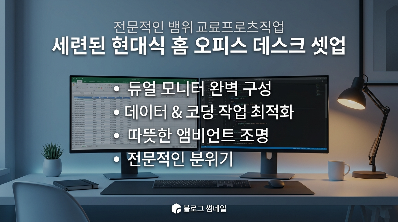 깔끔한 블루그레이 무드의 책상 위에 완벽하게 수평 정렬되어 배치된 프리미엄 듀얼 모니터 데스크 세팅 전경