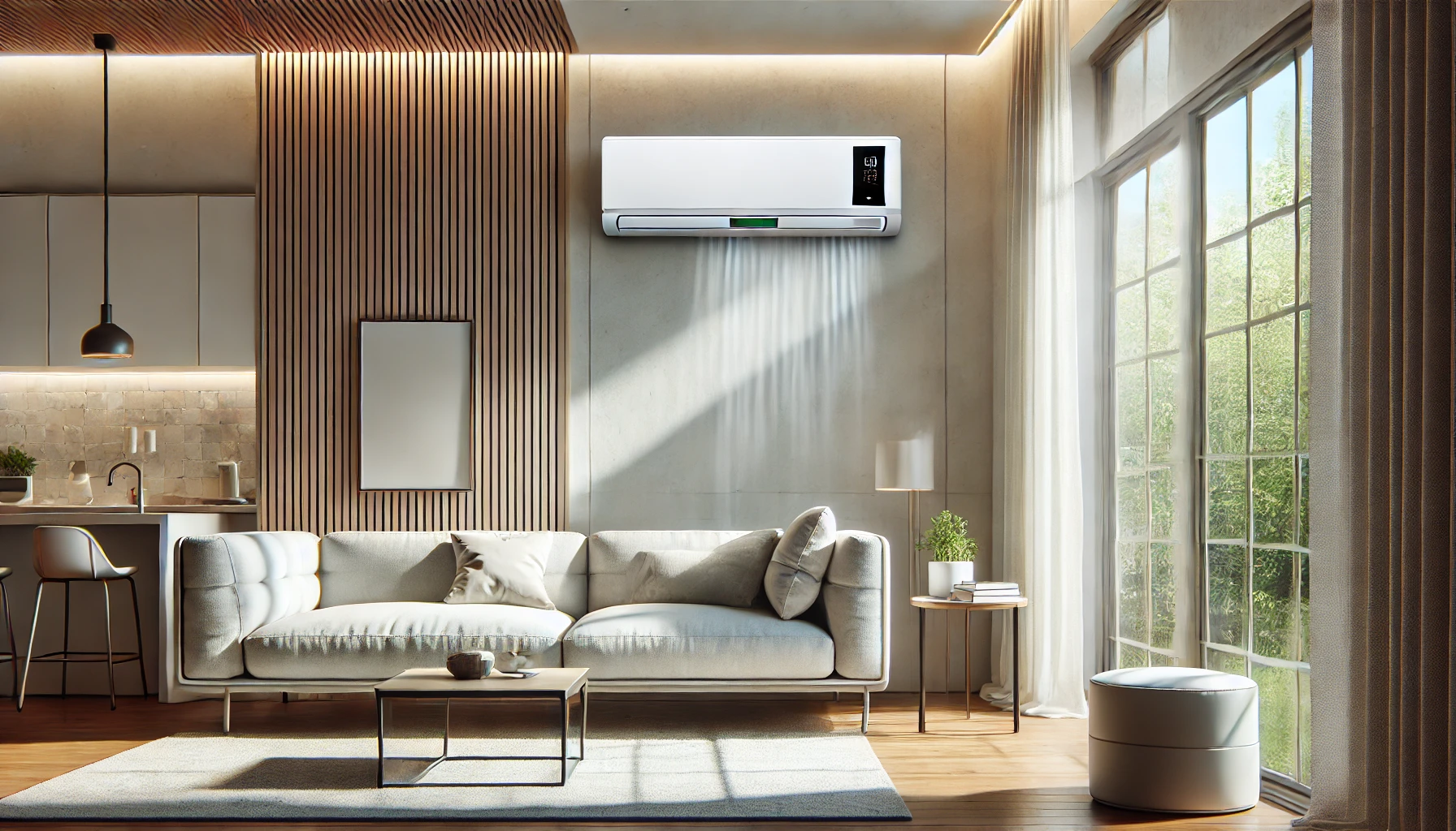 2025년 여름 무더위 대비 에너지 효율 높은 가성비 에어컨이 설치된 현대적 거실 모습