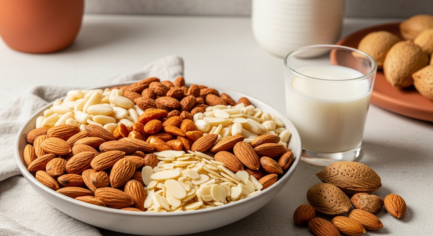 다양한 형태의 아몬드(생, 볶음, 슬라이스)와 아몬드 우유가 담긴 그릇. 건강하고 고소한 아몬드의 영양을 상징합니다.