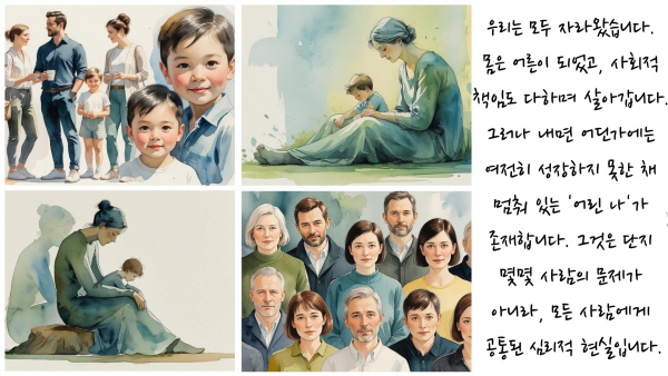 우리는 모두 자라왔습니다. 몸은 어른이 되었고, 사회적 책임도 다하며 살아갑니다. 그러나 내면 어딘가에는 여전히 성장하지 못한 채 멈춰 있는 '어린 나'가 존재합니다. 그것은 단지 몇몇 사람의 문제가 아니라, 모든 사람에게 공통된 심리적 현실입니다에 관한 그림