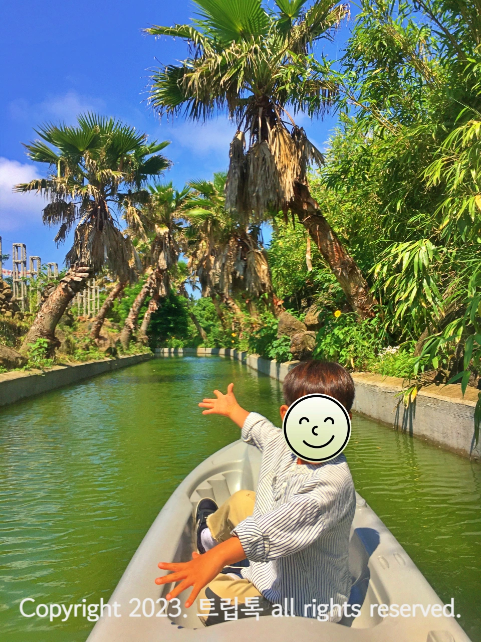 이국적인 야자나무와 수로에서 카약을 타는 아이