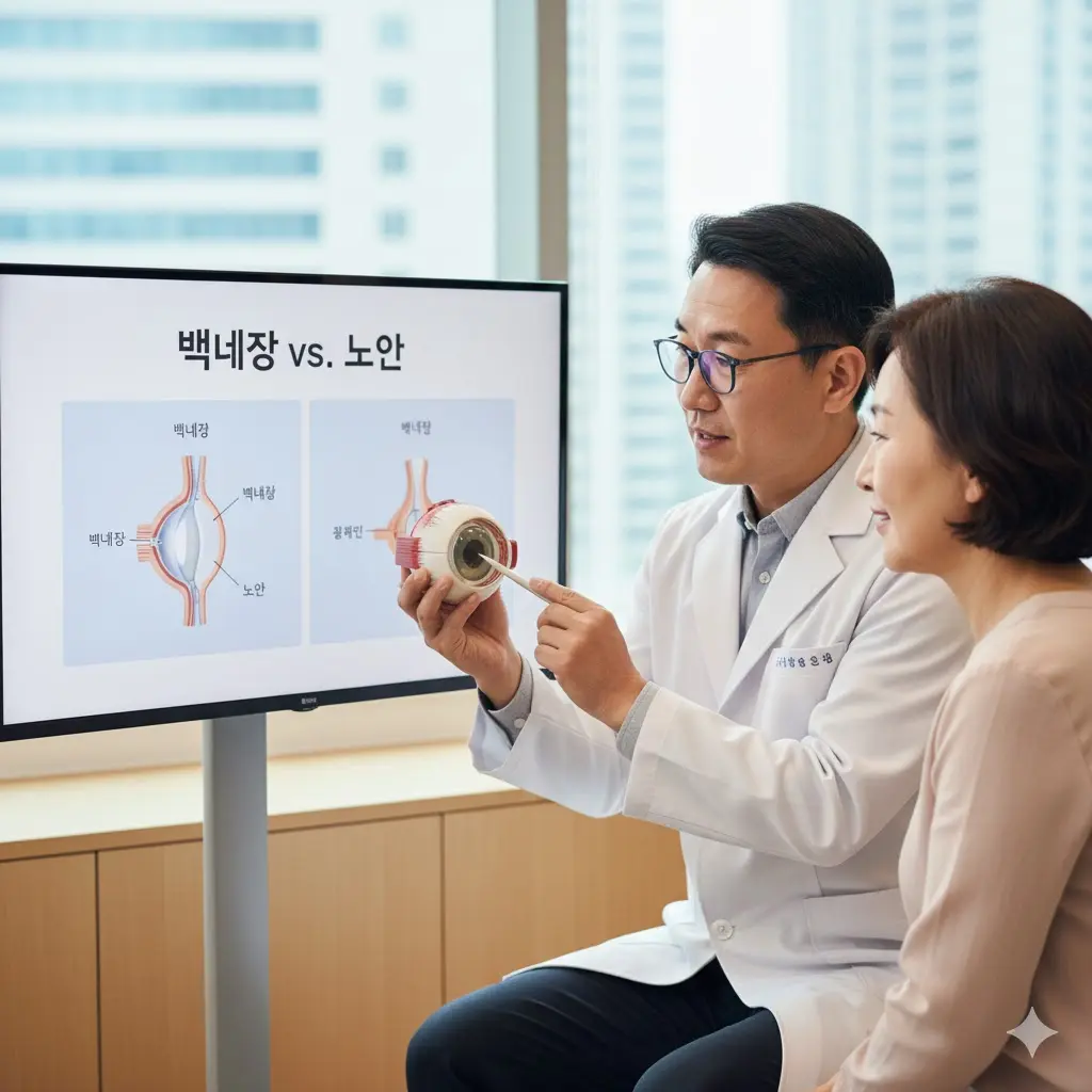 안과 의사가 환자에게 눈 모형으로 설명하는 이미지