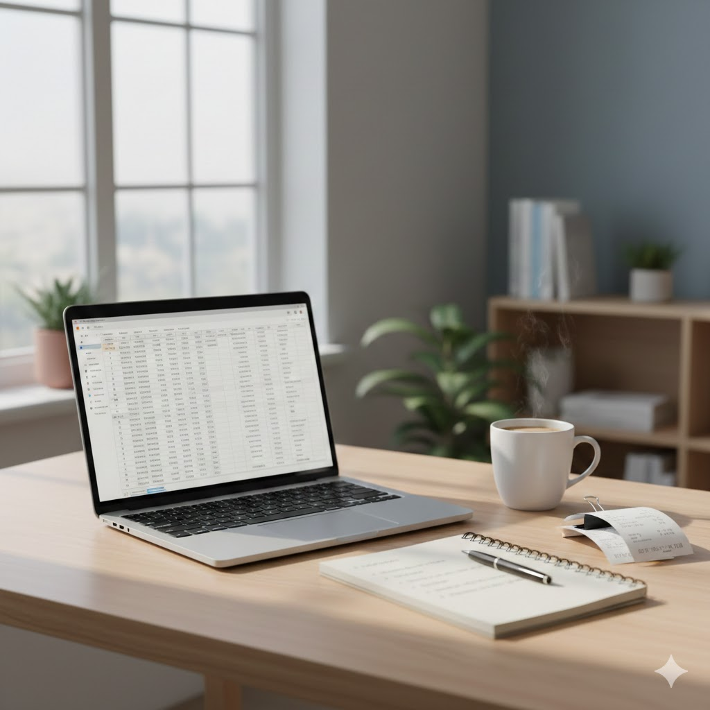 조용한 책상 위에 노트북과 메모장, 커피 한 잔이 놓여 있는 이미지