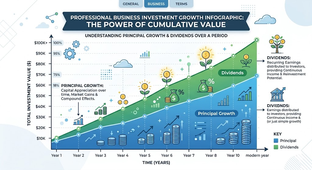 '배당 수익'과 '원금 상승'이 균형을 이루며 계단식으로 우상향하는 포트폴리오 수익 곡선 인포그래픽