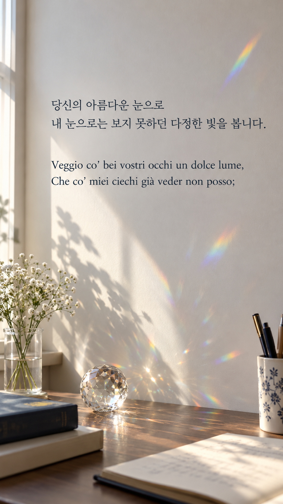 다른 이의 눈으로 보는 빛: 당신의 아름다운 눈으로 내 눈으로는 보지 못하던 다정한 빛을 봅니다. 사실적인 사진, 벽에 빛을 비추는 투명한 수정.