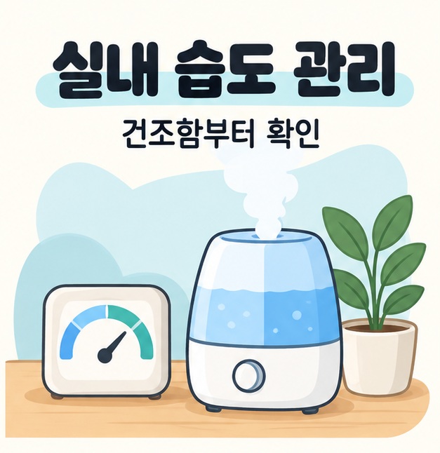 습도계와 가습기로 실내 습도를 관리하는 일러스트