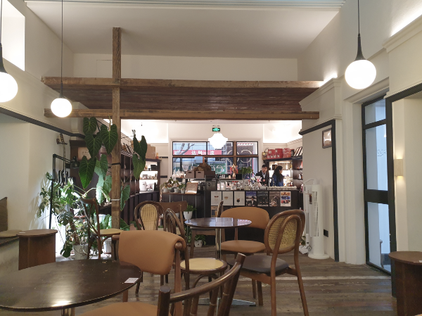 목재 바닥과 테이블 그리고 플랜테이러로 꾸민 내부