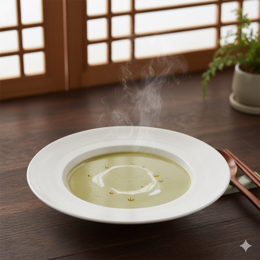 껍질을 벗긴 노란 녹두를 곱게 갈아 만들어 크리미하고 부드러운 녹두 스프