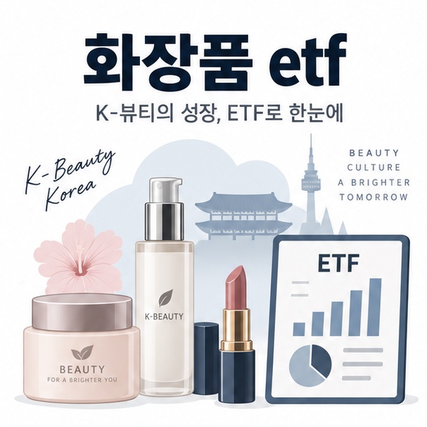 화장품 용기와 ETF 차트 아이콘 위에 화장품 etf 문구가 표시된 대표 이미지