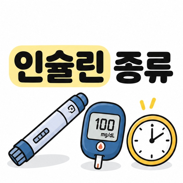 인슐린 종류 제목과 인슐린 펜, 혈당 측정기를 함께 보여주는 그림