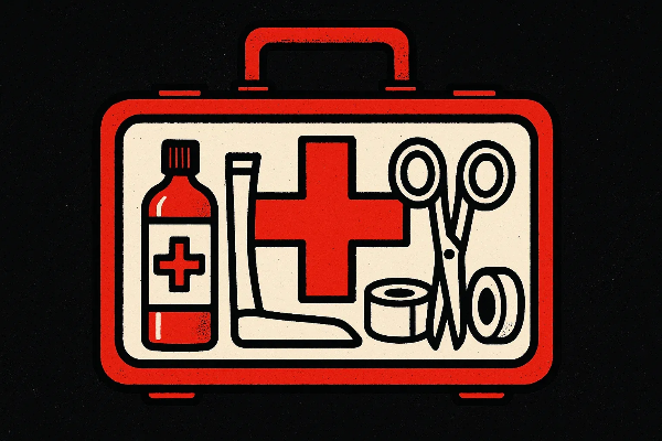 응급처치 키트 내부에 약병, 붕대, 가위 등이 정돈된 일러스트