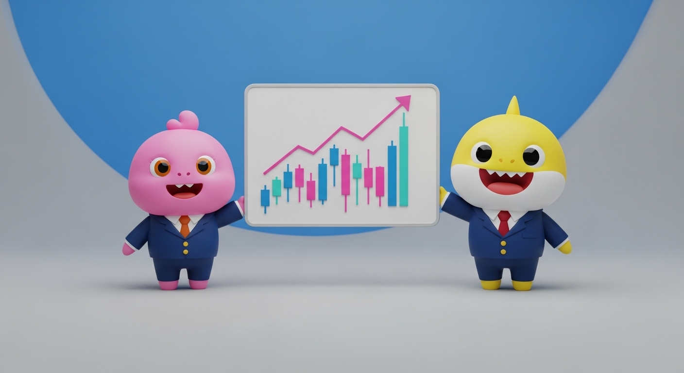 "A vibrant, professional illustration of Pinkfong and Baby Shark characters wearing business suits and holding up a stylized stock chart, with a dynamic blue and grey background. High-quality 3D rendering, minimal yet modern design."