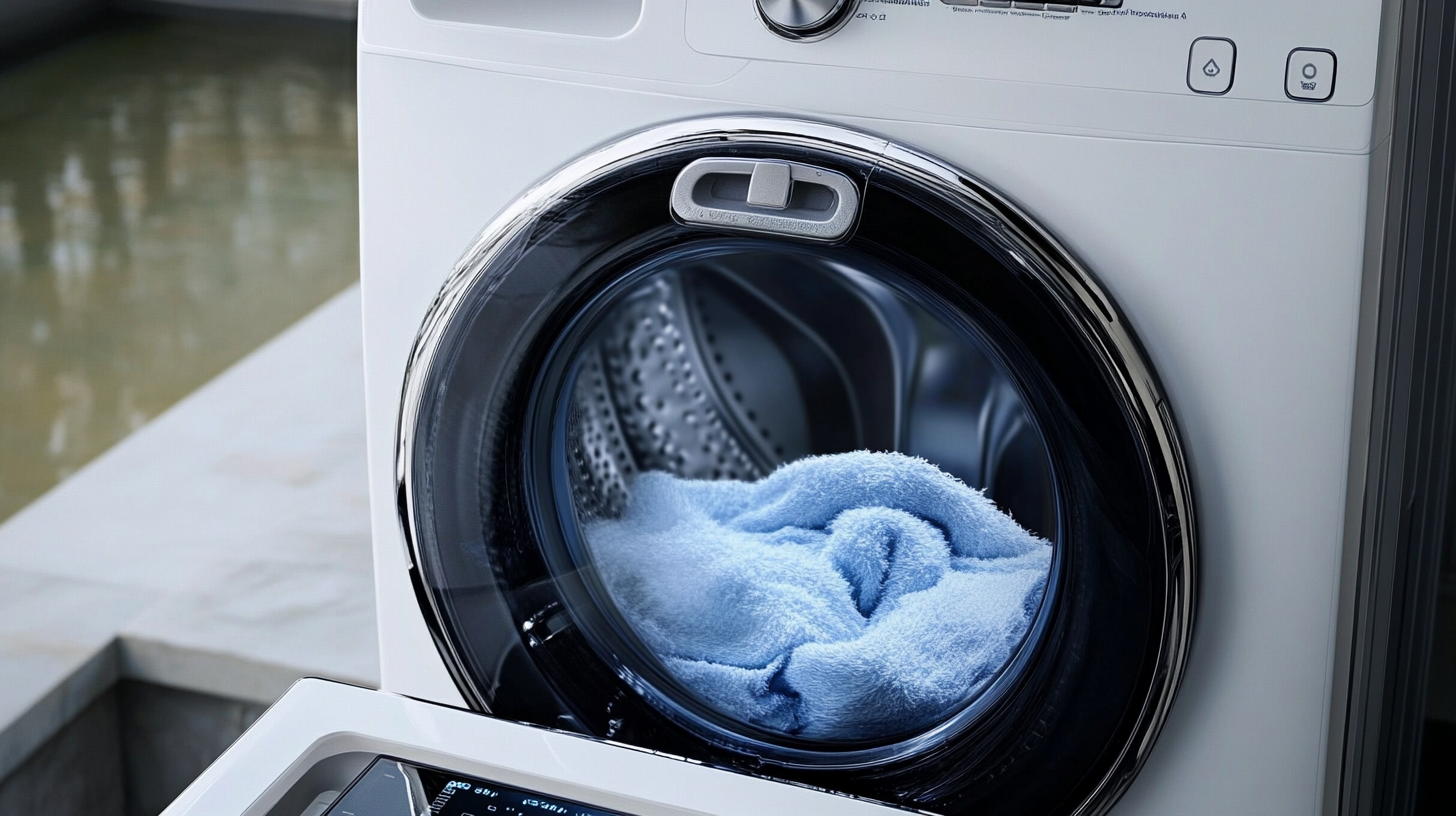 삼성 BESPOKE AI 세탁기와 건조기가 사용 중인 모습으로, 자동 세제 분배 및 자동 개방 도어 기능이 보임