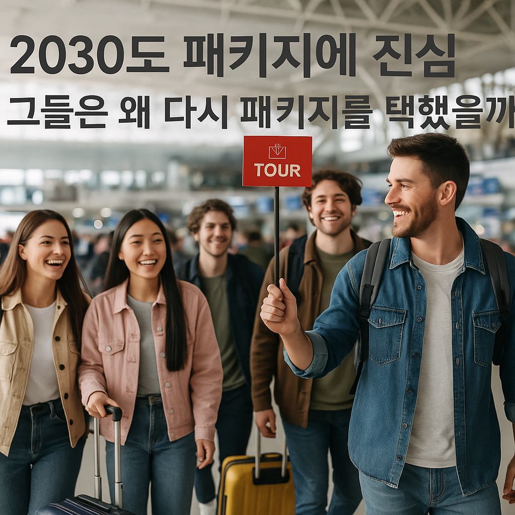 공항에서 2030세대 여행자들이 가이드 깃발을 따라가는 이미지