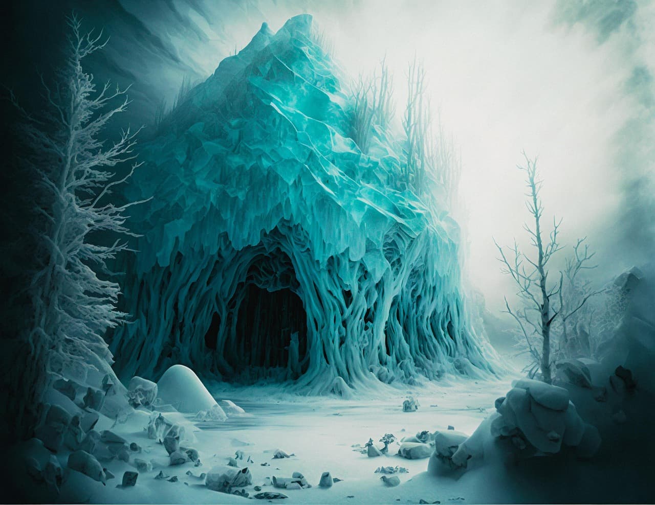 청록빛 얼음 동굴이 열리는 설원 풍경; 얼어붙은 나무와 바위가 둘러싼 장면이 콘텐츠 리퍼포징의 새로운 통로를 상징한다.