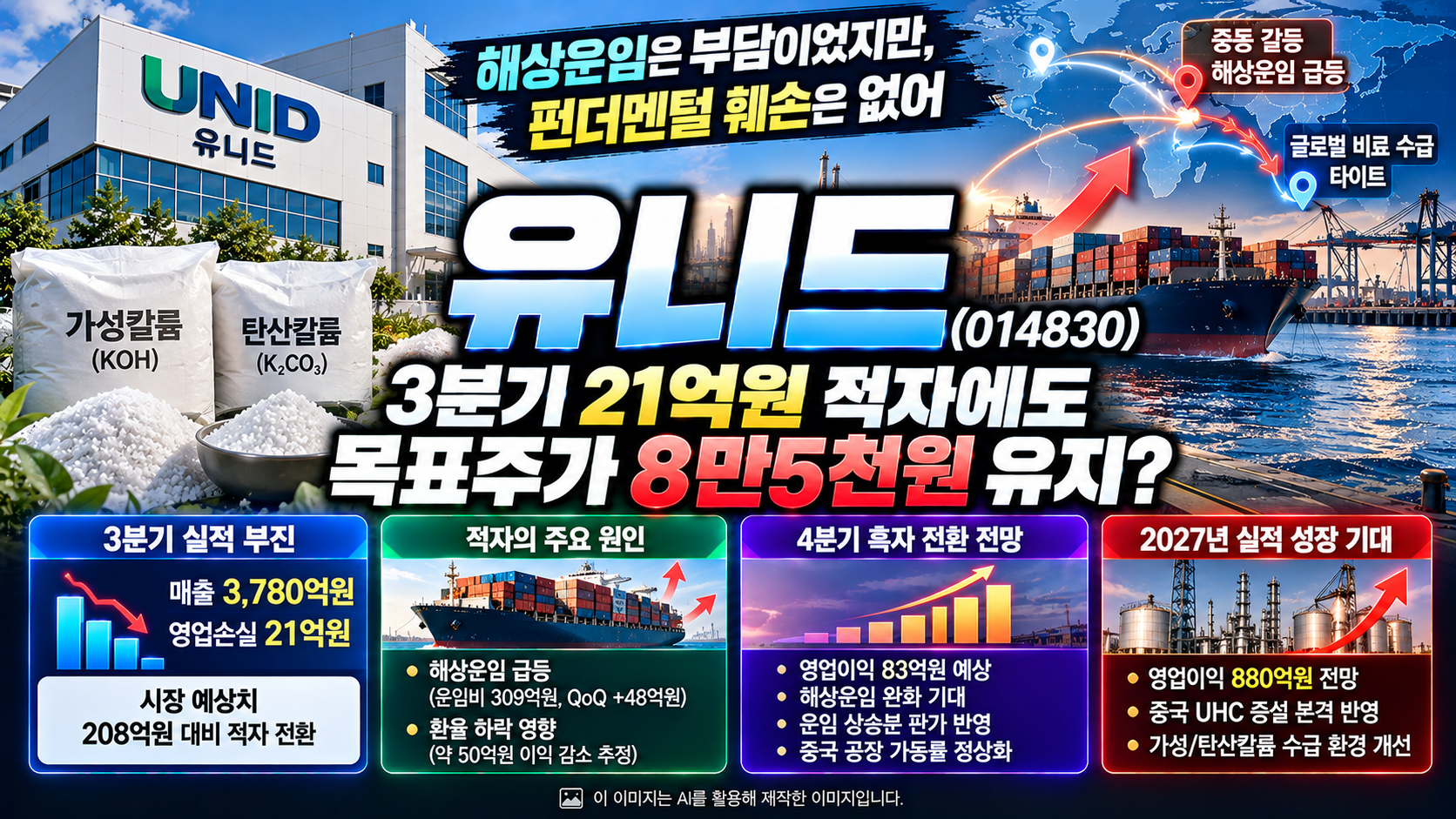 유니드(014830) 기업분석, 2026년 3분기 영업손실 21억원의 원인인 해상운임 급등과 환율 하락, 4분기 영업이익 83억원 흑자 전환 전망, 중국 UHC 증설에 따른 2027년 영업이익 880억원 예상 및 목표주가 8만5천원 유지 분석