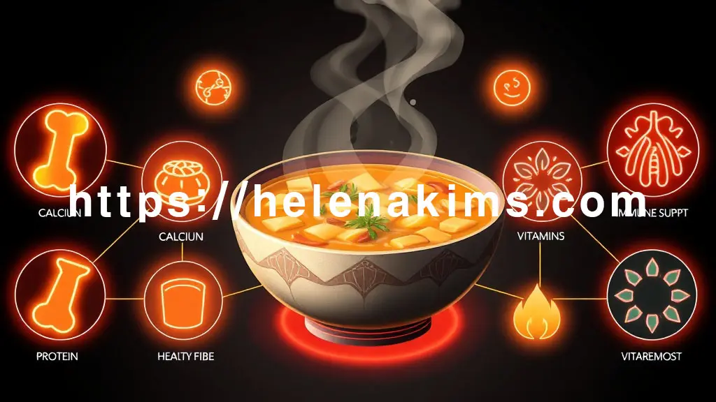 김이 모락모락 나는 먹음직스러운 감자탕이 중앙에 배치되고, 튼튼한 뼈(칼슘), 활기찬 에너지(단백질), 건강한 장(식이섬유), 면역력 증진(비타민)을 상징하는 아이콘들 이미지.