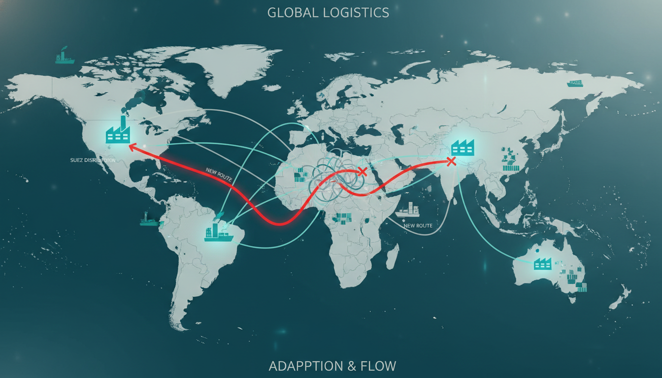 수에즈 운하를 우회하여 아프리카 희망봉을 돌아가는 복잡하고 길어진 글로벌 해상 운송 경로를 보여주는 추상적인 지도.