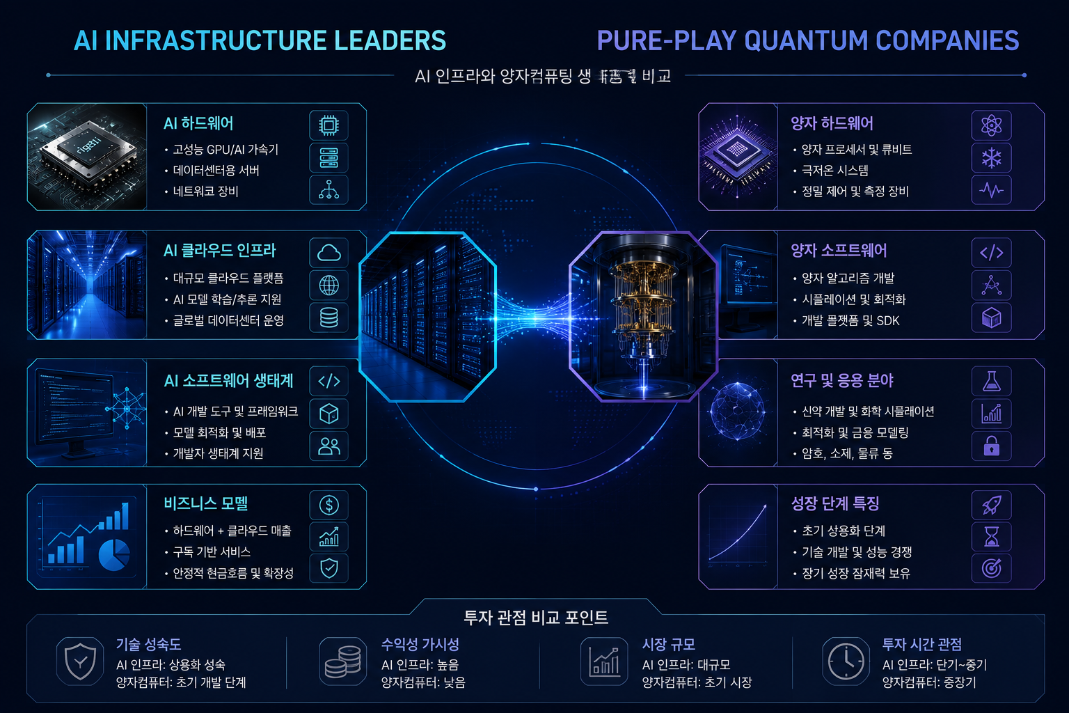 미국 양자컴퓨터 관련주를 대형 기술기업과 순수 양자기업으로 비교한 개념도