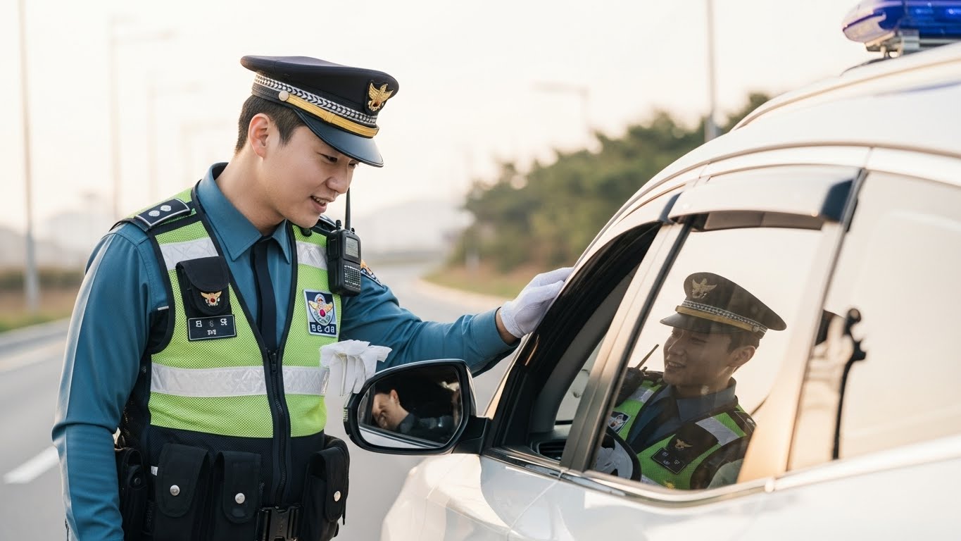 도로 위에서 바뀐 교통 법규에 대해 운전자에게 친절하게 안내하고 설명하는 경찰관